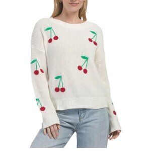 CYNTHIA ROWLEY Cherries Long Sleeve Crochet Cherries Pull Over Sweater